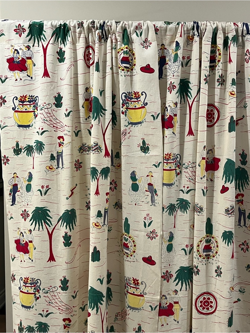 Vintage 1940s Mexican Fiesta Novelty Print Cotton Twill Curtains – Pair